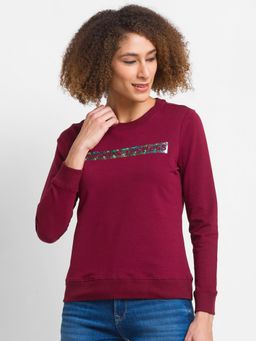 Spykar - Wine Cotton Blend Full Sleeve Round Neck Sweatshirt For Women