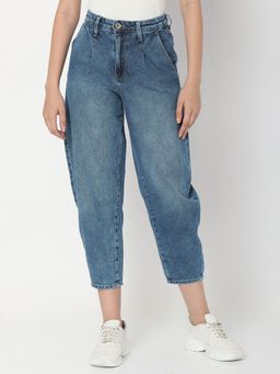 Spykar - Mid Blue Cotton Baggy Fit Crop Length Jeans For Women (clara)