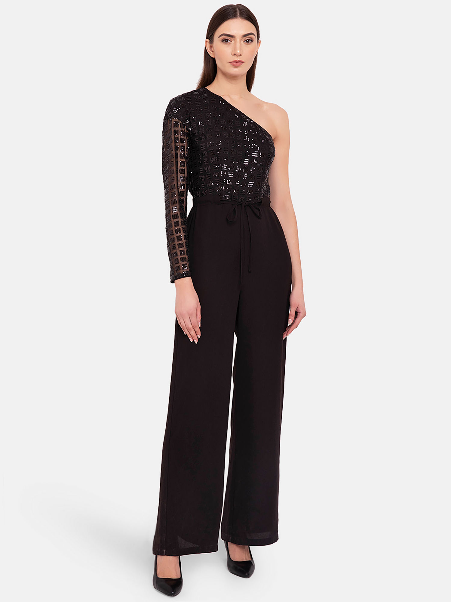 Kazo Black One Shoulder Sequin Jumpsuit 
