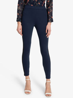 Kazo - Navy Blue Side Seam Lace Insert Jeggings