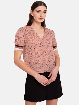 Kazo - Peach Floral Rib Detail Top