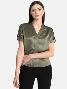 Kazo - Olive Casual Satin Top