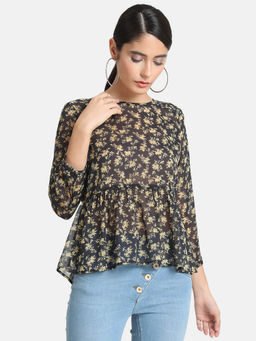 Kazo - Black Gathered Peplum Top