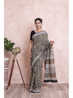KISHORI - Women Bagru Print Kalamkari Cotton Mulmul Saree with Unstitched Blouse - Green
