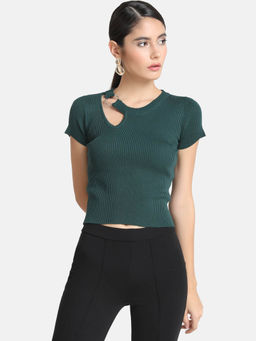 Kazo - Dark Green Cutout At The Neck Top