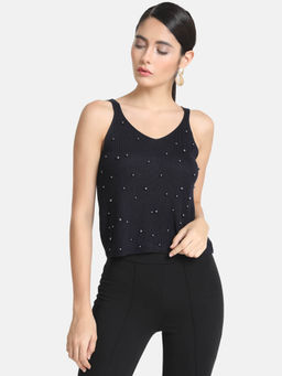 Kazo - Navy Blue Spaghetti Top With Embellishment
