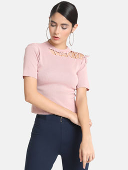 Kazo - Pink Top With Fringes & Cut out On Shoulder