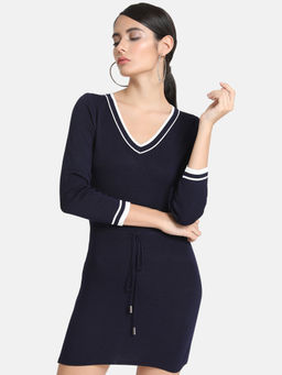 Kazo - Navy Blue With Rib Details On The Sleeves & Neck Mini Dress