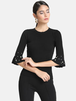 Kazo - Black Flared Sleeves & Embellishment Top