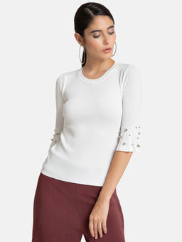 Kazo - White Flared Sleeves & Embellishment Top