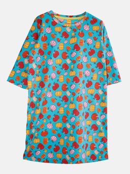 KiddoPanti - Girls Turquoise Printed Night Dress