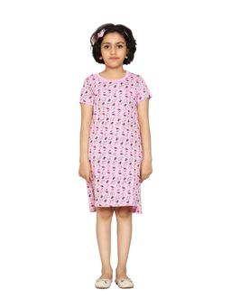 KiddoPanti - Girls Pink Printed Night Dress