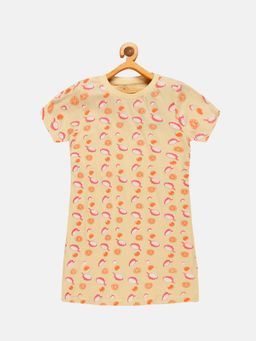 KiddoPanti - Girls Beige Printed Night Dress
