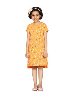 KiddoPanti - Girls Orange Printed Night Dress