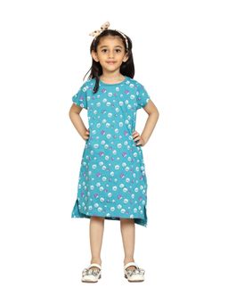 KiddoPanti - Girls Teal Printed Night Dress