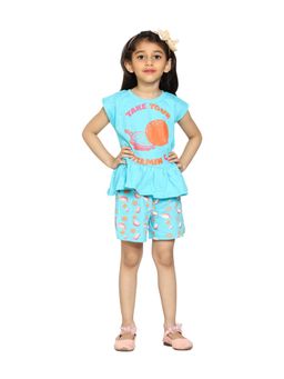 KiddoPanti - Girls Aqua Printed T-shirt with Shorts