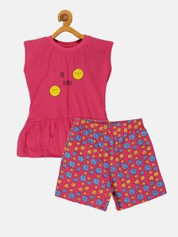 KiddoPanti - Girls Pink Printed T-shirt with Shorts