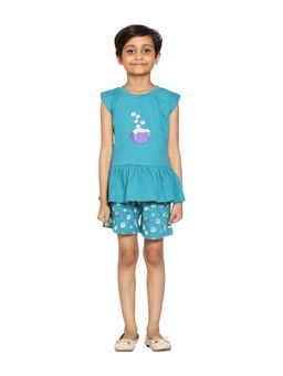 KiddoPanti - Girls Teal Printed T-shirt with Shorts