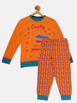 KiddoPanti - Girls Orange Printed T-shirt with Pyjama