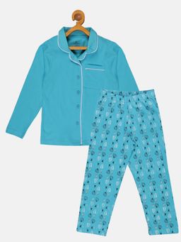 KiddoPanti - Girls Aqua Printed Shirt with Pyjama