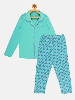 KiddoPanti - Girls Green Printed Shirt with Pyjama