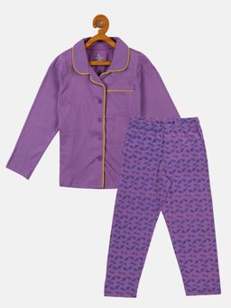KiddoPanti - Girls Purple Printed Shirt with Pyjama