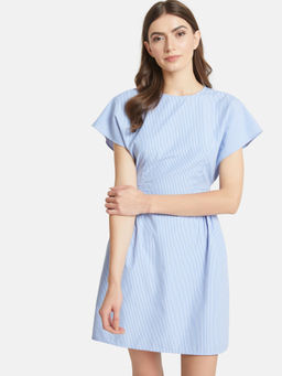 Kazo - Blue White Combo Extended Shoulder Mini Dress