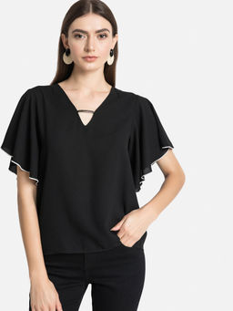 Kazo - Black Solid V-Neck Top