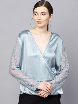 Kazo - Smoke Blue Lace Sleeve Drape Top