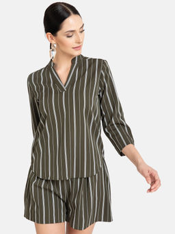 Kazo - Olive Stripe V-Neck Top