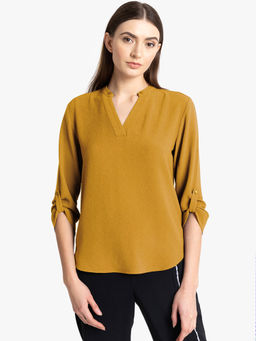 Kazo - Yellow V-Neck Sleeve Turnup Top