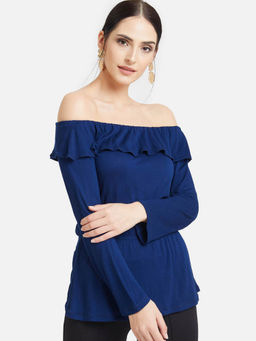 Kazo - Estate Blue Elastic Frill Top