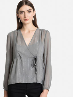 Kazo - Frost Grey Full Sleeve V Neck Top With Inner (Set of 2)