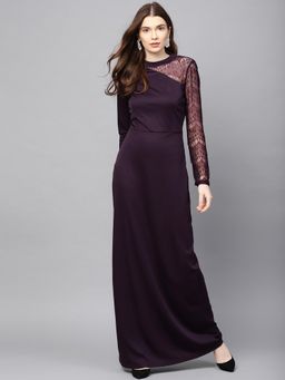 Kazo - Plum Purple Lace Sleeve & Yoke Detail Maxi