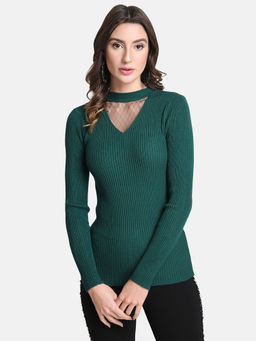 Kazo - Green Band Neck Pullover With Mesh