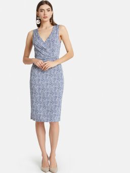 Kazo - Blue White Combo Front-Knotting Detailed Midi Dress