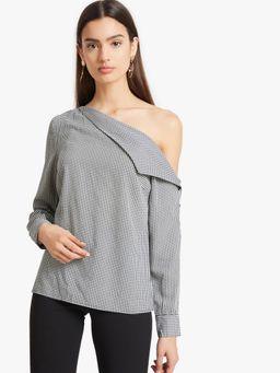 Kazo - Black White Combo Checkered One Shoulder Top