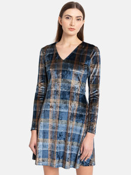 Kazo - Navy Blue Blue Multi Checks Print Vellour A Line Dress