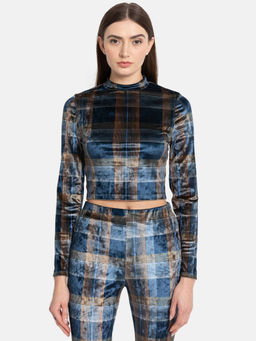 Kazo - Blue Multi Checks Print Vellour High Neck Top