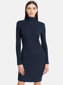 Kazo - Navy Blue High Neck Button Detail Mini Dress