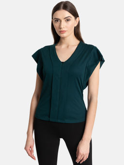 Kazo - Dark Green Drop Shoulder Neck Pleate Top