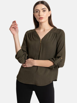 Kazo - Olive Zipper Neck Detailed Top