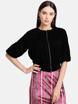 Kazo - Black Gathered Metal Zip Jacket