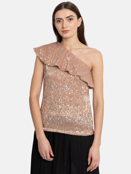 Kazo - Beige One Shoulder Overlay Top