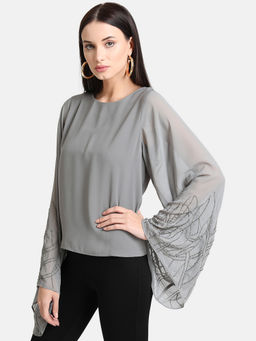 Kazo - Grey Embellished Sleeves Top