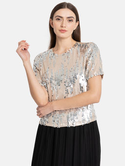 Kazo - Beige Boxy Fit Sequin Top