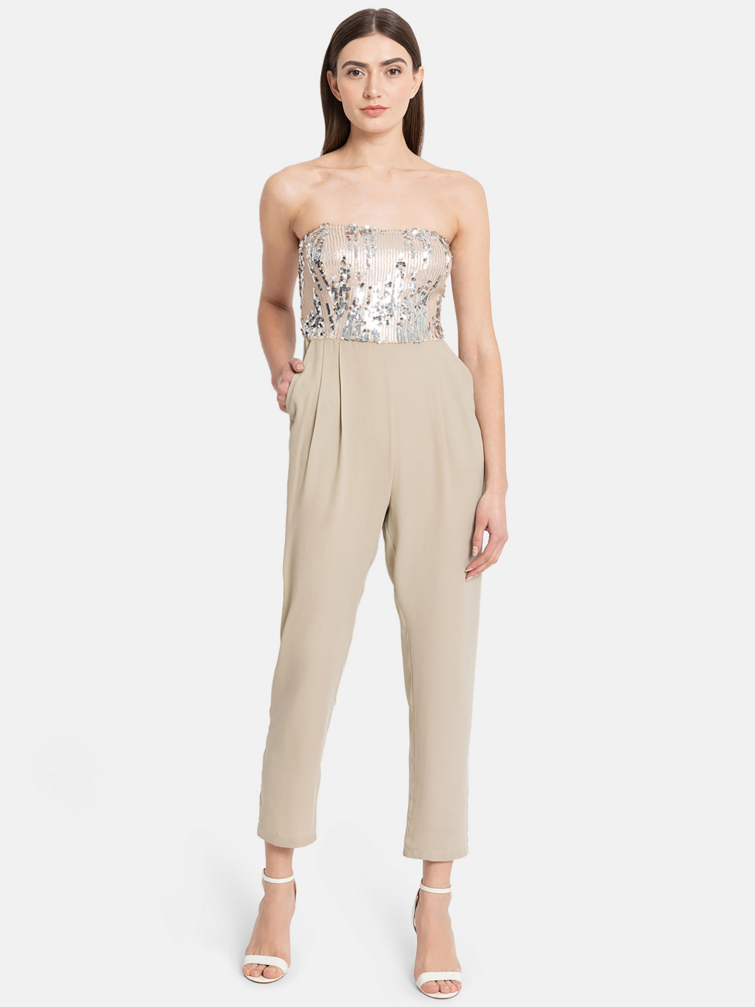 Buy Kazo Beige Sequin Bustier Jumpsuit 
