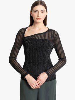 Kazo - Black Lurex Mesh Asumetric Neck T-Shirt