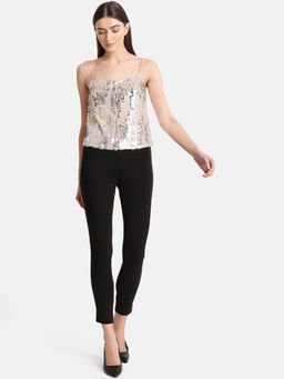 Kazo - Beige Asymetric Noodle Strap Sequin Top