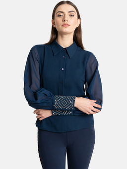 Kazo - Teal Baloon Sleeve Embellished Cuff Shirt